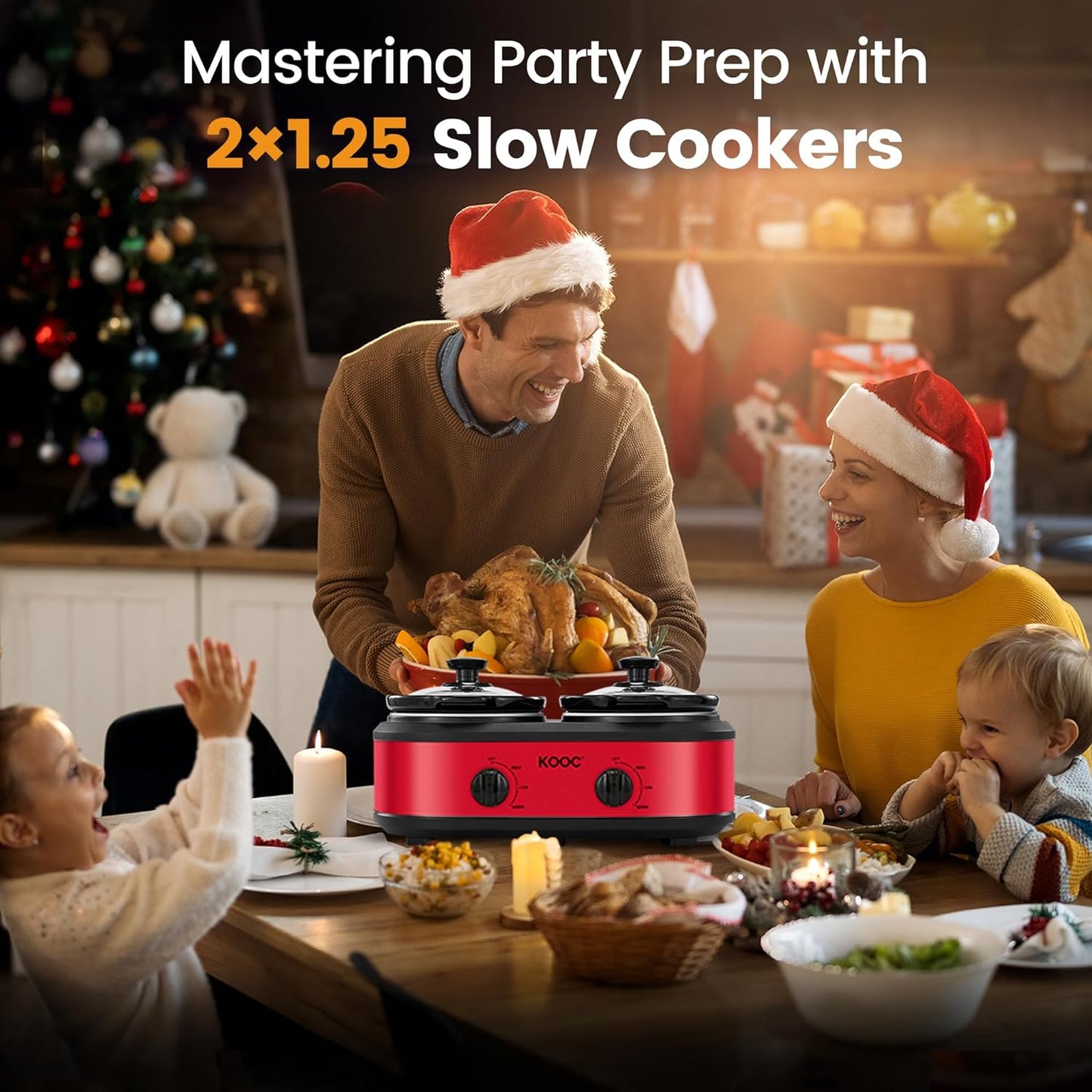 KOOC Double Small Slow Cooker, Buffet Server and Warmer, 2 Mini Pots with 3 Individual Adjustable Temp, Dual Ceramic Pots, Free Liners for Easy Clean-up, Stainless Steel, Total 2.5 Quart, Red, Round