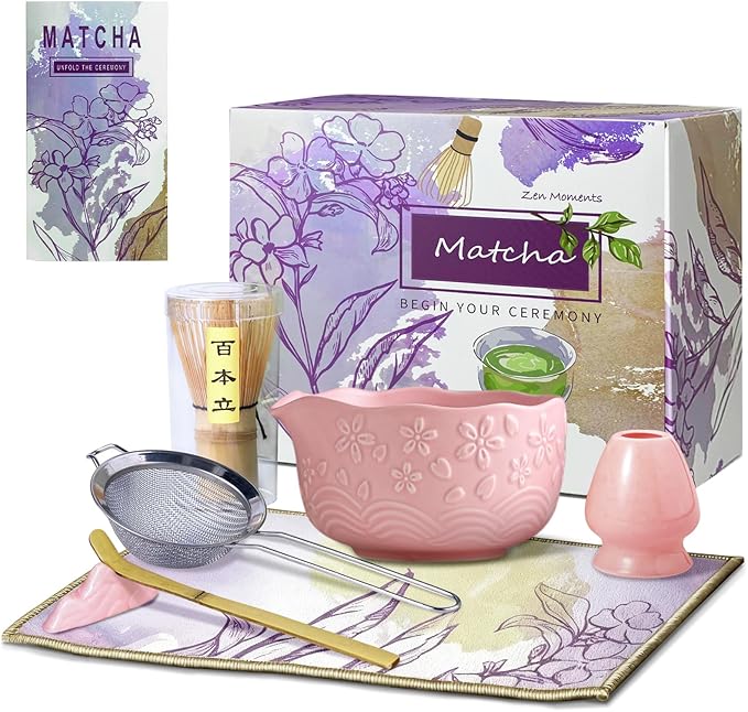 Matcha Whisk Set, Pink Matcha Set, Matcha Set Whisk and Bowl Made of Ceramic, Matcha Kit Includes Matcha Whisk, Matcha Whisk Holder, Bamboo Scoop, Powder Sifter - 7 Pcs Matcha Kit for Matcha Lovers
