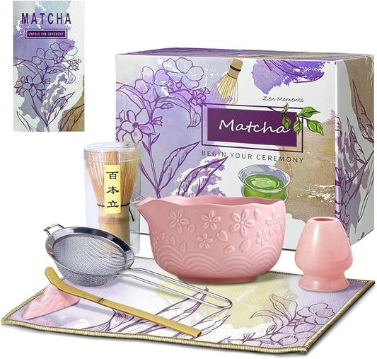 Matcha Whisk Set, Pink Matcha Set, Matcha Set Whisk and Bowl Made of Ceramic, Matcha Kit Includes Matcha Whisk, Matcha Whisk Holder, Bamboo Scoop, Powder Sifter - 7 Pcs Matcha Kit for Matcha Lovers