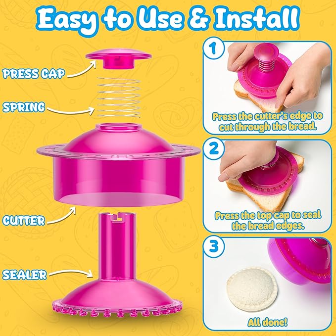 Sandwich Cutter and Sealer Cut and Seal Sandwich Maker, Crustless Peanut Butter & Jelly Sandwich Cookie Cutter (Translucent Pink Round)