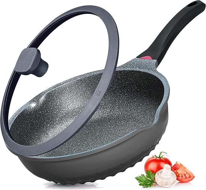 Vinchef New Handle Update 11In/5Qt Aluminum Nonstick Deep Frying Pan with Lid and Heat Indicator, Anti Scratch and Anti Stain Deep Saute Pan, Induction Compatible