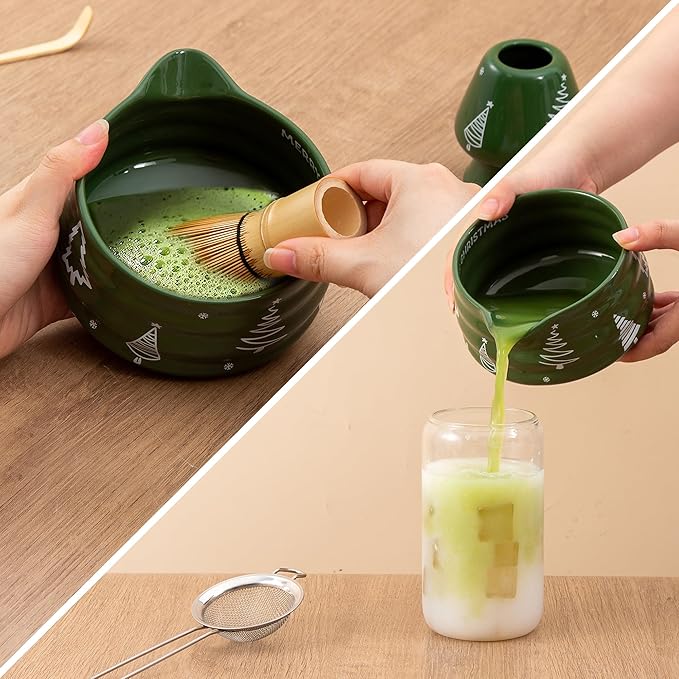 5pcs Premium Matcha Set,Ceramic Bowl with Spout and Bamboo Whisk set, Ceremonical Matcha Kit for breakfast/latte,Tea Starter Making Kit,Unique Matcha Gift set (Christmas Tree)