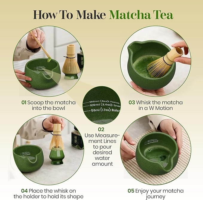 Matcha Whisk Set – Traditional Bamboo Chasen with Ceramic Bowl (Green), Measurement Lines, Spoon, Lid/Coaster - Green