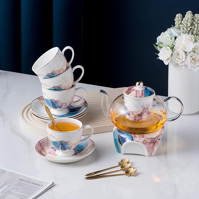 Jusalpha Fine China Rainbow Galaxy Series Glass Tea Pot with Infuser-Teapot Warmer Teacup and Saucer Set with Spoon in Gift Box- 16 pcs in 1 set, (FD Glass pot set 08)