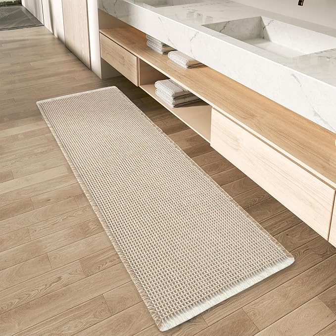 AMOAMI Upgraded Waffle Runner Rug Super Absorbent Non Slip Bath Mats for Bathroom Machine Washable Bathroom Runner Rug with Tassels, Ideal for Hallway Bedroom Laundry Room, 17" x 48", Brown & Cream