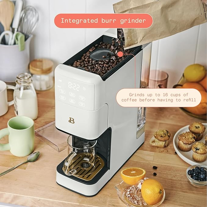Beautiful Perfect Grind Programmable Single Serve Coffee Maker with Touch Display and Integrated Burr Grinder, Auto Coffee Strength Selection, 64oz Water Reservoir (White Icing)