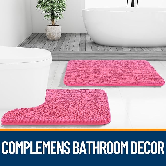 OLANLY Bathroom Rugs Sets 2 Piece, Soft Absorbent Chenille Bath Mats and U-Shaped Contour Toilet Mat Area Rug Set, Machine Washable Bath Carpet, Home Decor Accessories(30"x20"+24"x20", Hot Pink)