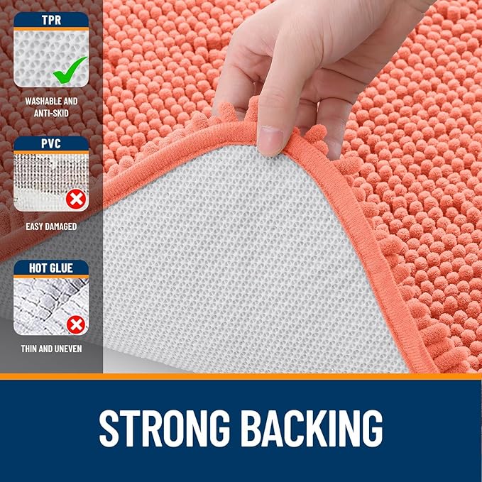 OLANLY Bathroom Rugs Sets 2 Piece, Soft Absorbent Chenille Bath Mats and U-Shaped Contour Toilet Mat Area Rug Set, Machine Washable Bath Carpet, Home Decor Accessories(24"x16"+24"x20", Coral)