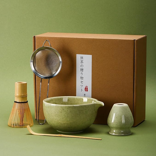 Matcha Tea Set 5 Pcs, Japanese Traditional Ceramic Bowl, Bamboo Whisk (Chasen), Scoop (Chashaku), Whisk Holder,Stainless Steel Sifter