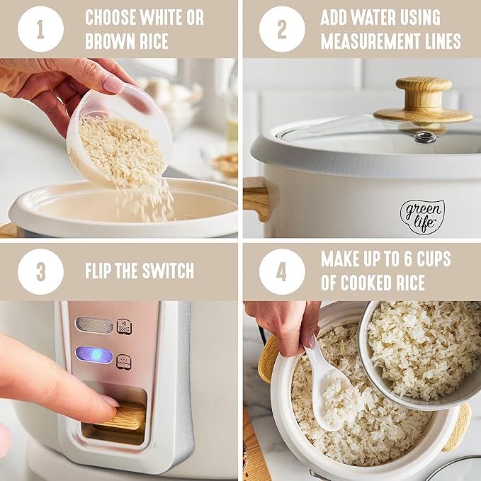 GreenLife Electric Rice Cooker, 3-Cups Uncooked/6-Cups Cooked, Removable PFAS-Free Nonstick Pot, One-Switch Design, Auto Keep Warm, Small Space Saving, Rice Paddle, Soup, Grains, Oatmeal, 1.5 QT, Cream