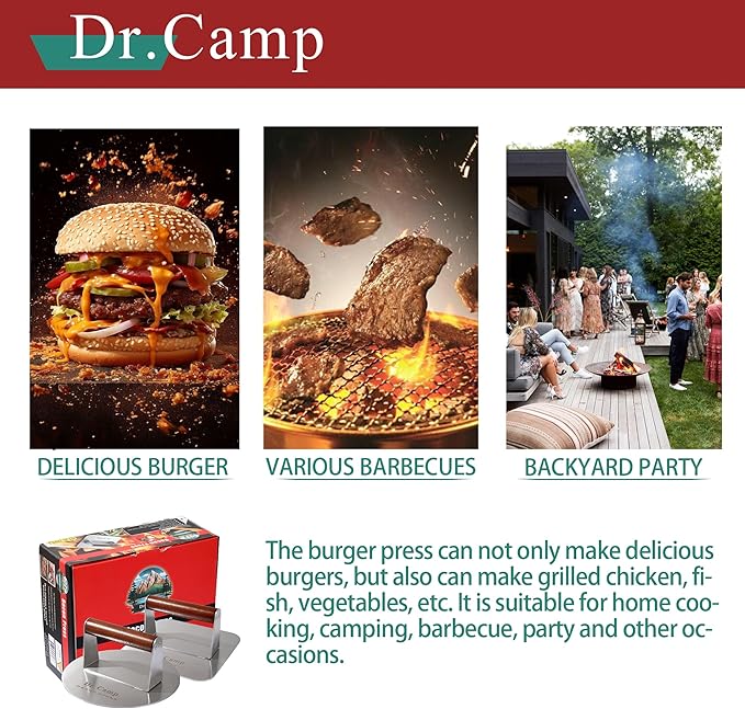 7 INCH Stainless Steel Smash,Burger Press,Burger Smasher,Hamburger Press,Patty Smasher, Meat Press, Bacon Press, Grill Press with Wood Handle (HT-B-7008)