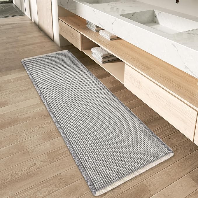 Upgraded Waffle Runner Rug Super Absorbent Non Slip Bath Mats for Bathroom Machine Washable Bathroom Runner Rug with Tassels, Ideal for Hallway Bedroom Laundry Room, 17" x 60", LightGrey & Cream