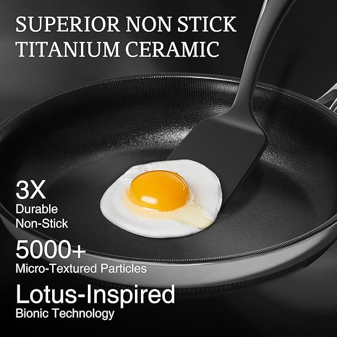 KITEXPERT Non Stick Frying Pans with Lid, 8" Titanium Ceramic Pan Nonstick Stainless Steel Skillet, PFAS PFOA & PTFE Free, Quick-Cool Handle, Dishwasher & Oven Safe, Compatible with All Cooktops