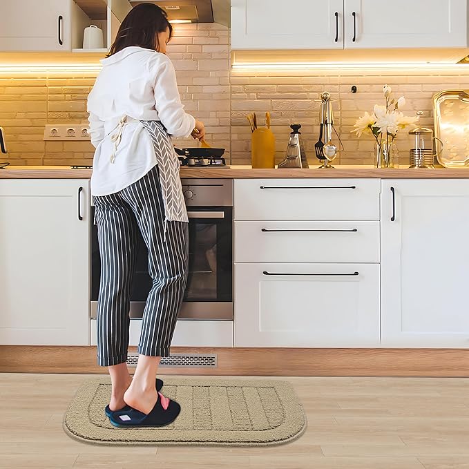 BEQHAUSE 30x18 Inch Kitchen Rug Mat Durable Kitchen Rugs Non-Slip Washable Absorbent Kitchen Mats for Floor Dirt-Resistant Semicircular Kitchen Mat (Beige)
