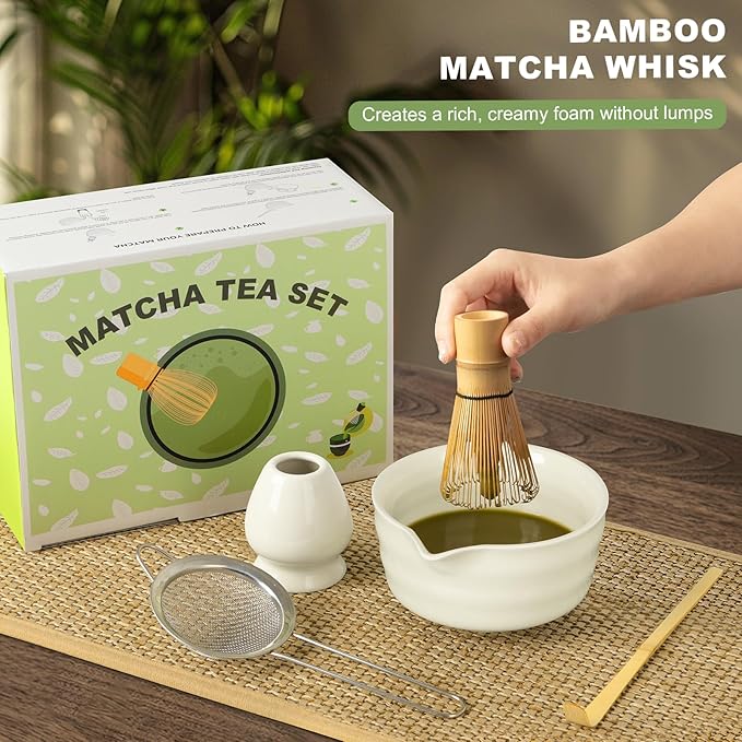 Matcha Set,5 Pcs Matcha Whisk Set Includes Bowl with Spout, Whisk,Holder,Bamboo Scoop and Sifter- Matcha Kit for Making Breakfast/Latte,Gift for Lovers（White）