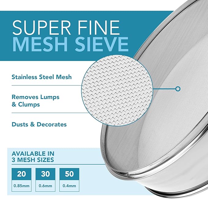 Stainless Steel Flour Sifter Fine Mesh Round Flour Sieve for Baking 8" Diameter x 2.5" High; 20 Mesh (Hole Size 0.85mm)