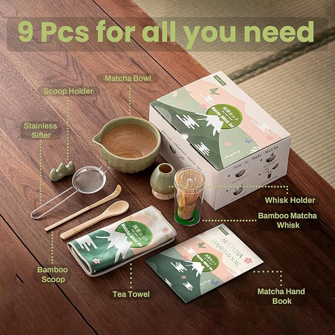Clay&Fire Matcha Whisk Set，9 Pcs Ceramic Matcha Set, 15 OZ Matcha Bowl with Spout and Whisk for Friend, Ideal Gift for Matcha Lover（Kiln-change Green）