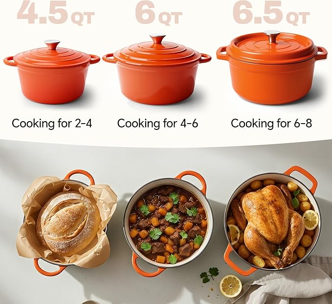 7 Quart Dutch Oven Pot with Lid, Non Stick Enameled Cast Iron Dutch Oven for Bread Baking, Heavy-Duty, Oven Safe Ceramic Cookware Up to 500°F for Baking, Braising, Stews, Roasting, Orange