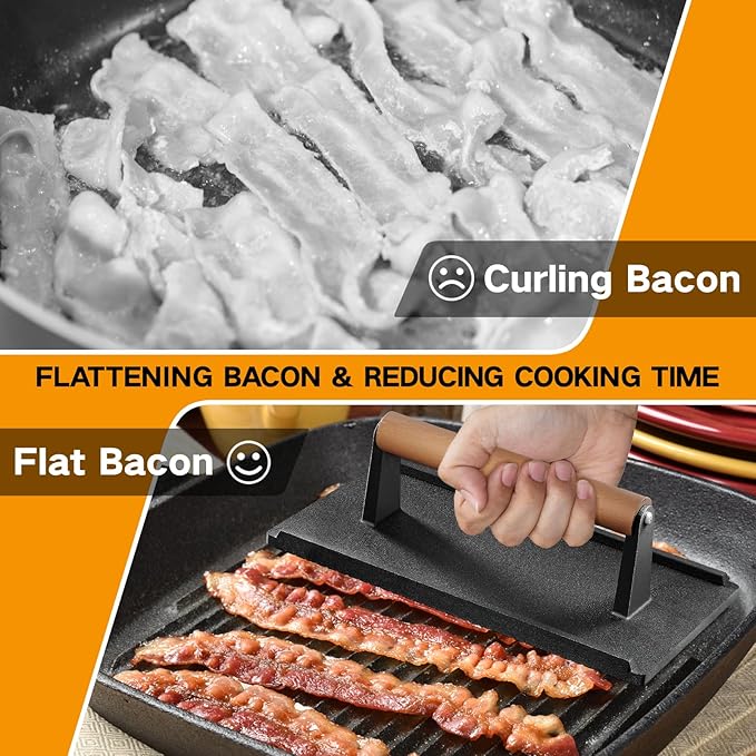Yoehka Cast Iron Grill Press-2PCS, Heavy Duty Bacon/Burger/Griddle/Chef Press with Wood Handle, Perfectly Grilled Steak,Meat,Sandwich,Panini, 2.25lbs Cooking Weight,Rectangle(8.27"×4.25"×3.35”in)
