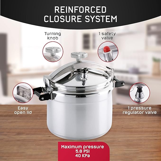 Universal (Large) 15.8-Quart Aluminum Pressure Cooker for Professional Use – Commercial-Grade, 1 Safety Valve, Reinforced Handles, Easy-Open Lid, – Ideal for Large Kitchens, and Restaurants