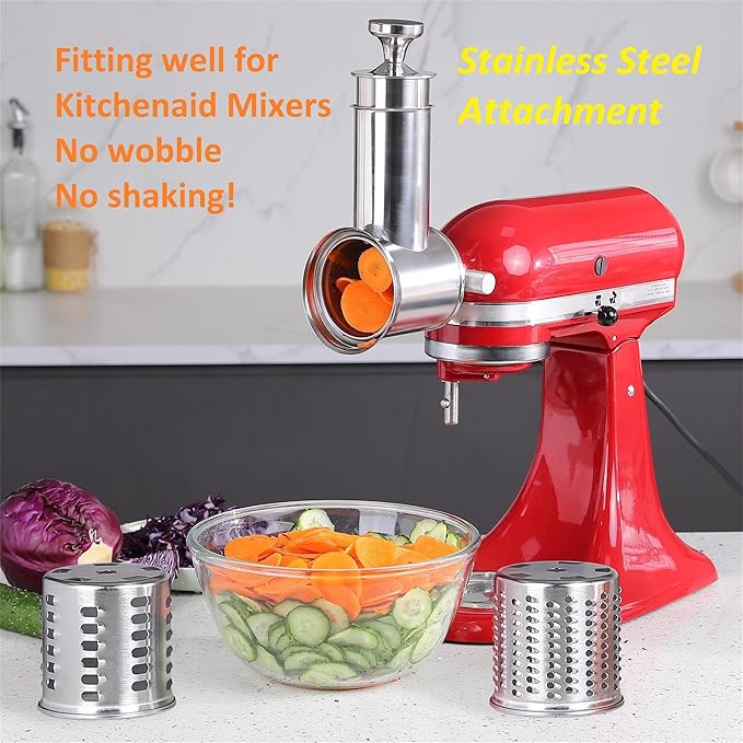 Large Stainless Steel Slicer Shredder Attachment for KitchenAid Mixers, Dishwasher Safe Salad Maker, Cheese Grater Accessories with 3 Blades & 1 Knob Thumb Screw