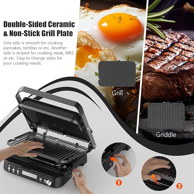 CATTLEMAN Panini Grill Press Sandwich Maker with Removable Plates, 5 in 1 Smokeless Indoor Grill & Griddle with Meat Thermometer, PFAS Free Ceramic Nonstick Reversible Plates, Opens Flat, 1600W