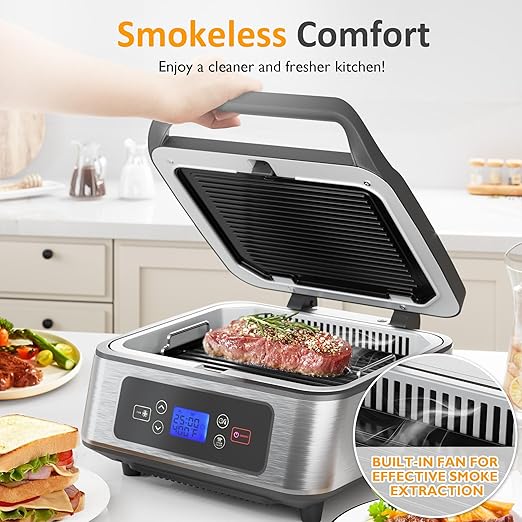 Electric Panini Press Sandwich Maker, 1300W Smokeless Indoor Grill with Removable Non-Stick Plates, Fan, Auto-Lift, Independent Upper Heating, Smart Time & Temperature Control, Silver