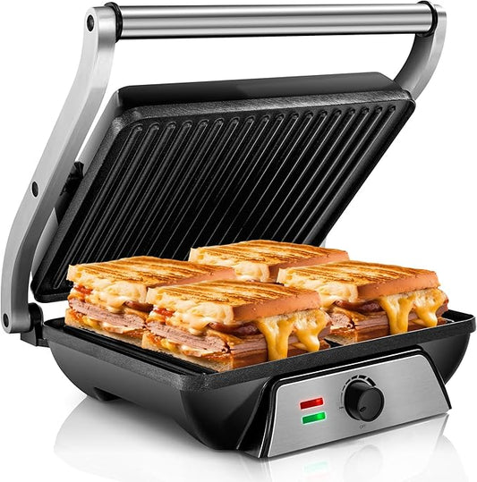 SUSTEAS Panini Press Sandwich Maker and Electric Indoor Grill with Temperature Setting and Grease Tray, Easy Clean Nonstick Grids, Opens 180° to Fit Any Type or Size of Food, 1500W, BBQ, Black