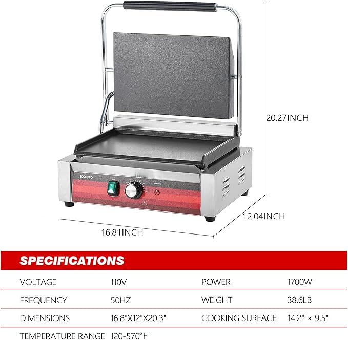 Commercial Electric Panini Grill with Flat Plates Stainless Steel Sandwich Maker 14"× 9.5" Cast Iron Enamel Plate Countertop Panini Press with Temperature Control for Business 110V 1700W