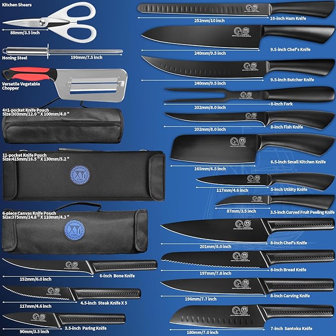 XYJ Professioanl Chef Knife Set with Bag, Sharpening Steel, Gloves, Kitchen Knife Kit, Meat Fork, Paring Utility Carving Boning Steak Nakiri Slicing Bread Chef Knives Set