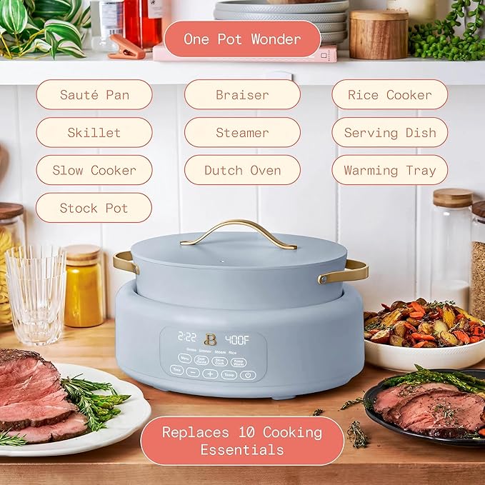 Beautiful 10-in-1 6Qt Electric Multi-Cooker by Drew Barrymore – Slow and Rice Cooker, Steamer, Dutch Oven, Sauté & More – Touch Display, Oven Safe, Dishwasher Safe (Cornflower Blue)