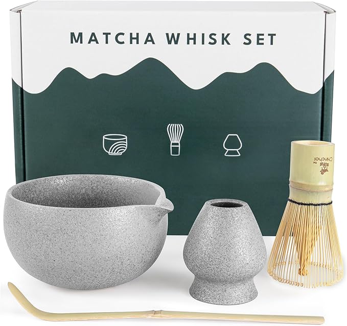 Stone-Texture Gray Matcha Whisk Set with Pouring Spout – Japanese Matcha Kit with Handcrafted Ceramic Bowl, Bamboo Whisk, Scoop, and Holder for Authentic Tea Ceremony