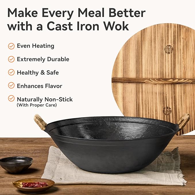 WANGYUANJI Iron Wok 13.4" Chinese Wok – Durable Stir-Fry Pan with Dual Handles, Wooden Lid & Stainless Steel Spatula