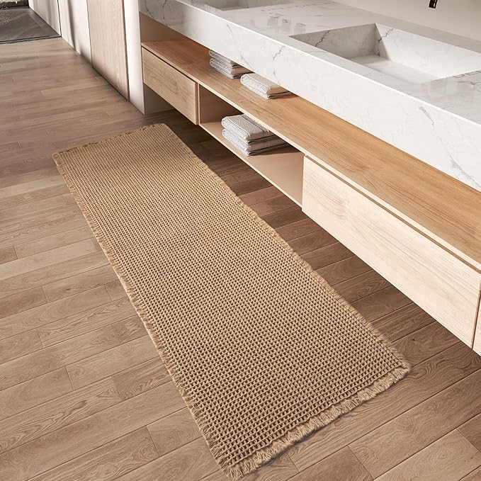 Upgraded Waffle Runner Rug, Super Absorbent Non Slip Bath Mats for Bathroom Floor, Machine Washable Bathroom Runner Rug with Tassels, Ideal for Hallway Bedroom Laundry Room, Brown, 2'x 5'(24" x 60")