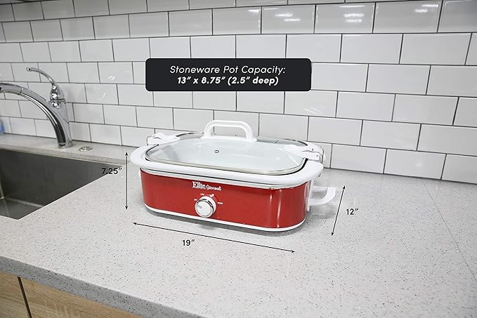Elite Gourmet MST-5240 Casserole Crock Slow Cooker, Locking Lid Adjustable Temperature Keep Warm Oven & Dishwasher-Safe Casserole Pan, 3.5Qt Capacity, Red