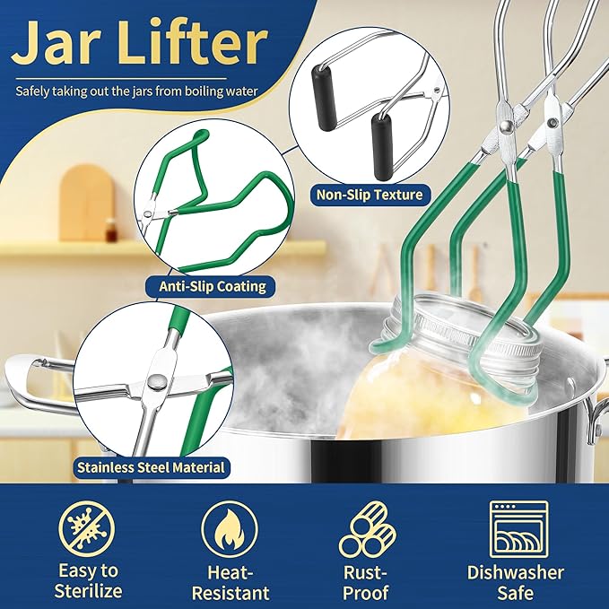 Canning Jar Lifter Tongs with Jar Lid Lifter Magnetic Lid Lifter,Canning Bubble Popper Bubble Remover and Canning Labels for Canning Supplies Starter Kit,4Pcs Canning Tools-Deep Green