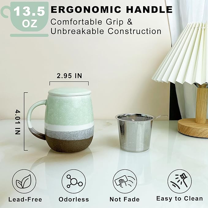 13.5 OZ Reactive Glaze Tea Infuser Cup, Loose Leaf Tea Cup with strainer and lid, Porcelain Mug with Infuser Basket for Microwave & Dishwasher Safe, Green