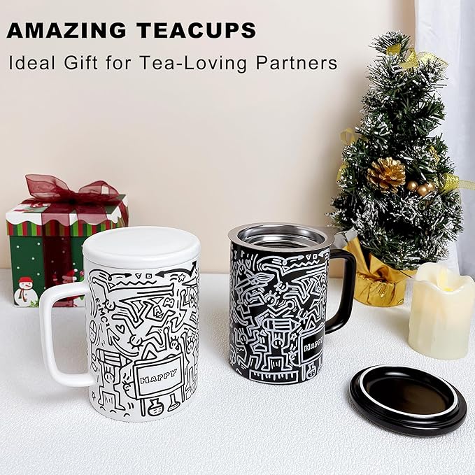 Loose Leaf Tea Cup, Doodle Style Tea Mugs with Infuser and Lid, 14oz Porcelain Steeper Cup, Brewing Teacup with Infuser and Lid, Microwave & Dishwasher Safe, Happy Black