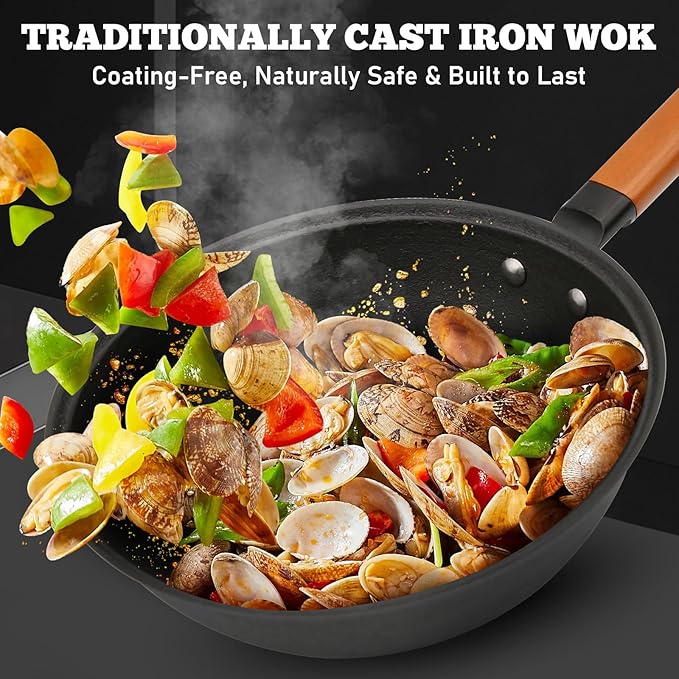 Nonstick Frying Wok Pan Hybrid, 9 Inch Preseasoned Deep Stir Fry Pan Skillet with Glass Lid, Traditional Chinese Cast Iron Wok, No Coated Saucepan for Induction, Electric, Gas, Grill Stoves