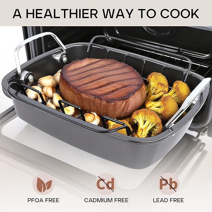 Nonstick Turkey Roasting Pan with Rack - 17×13.6 Inch Large Turkey Roaster Pan For Oven - Double-Ply Clad NonStick Roasting Pan For Roasting Chicken, Meats and Vegetables（Dark Gray）