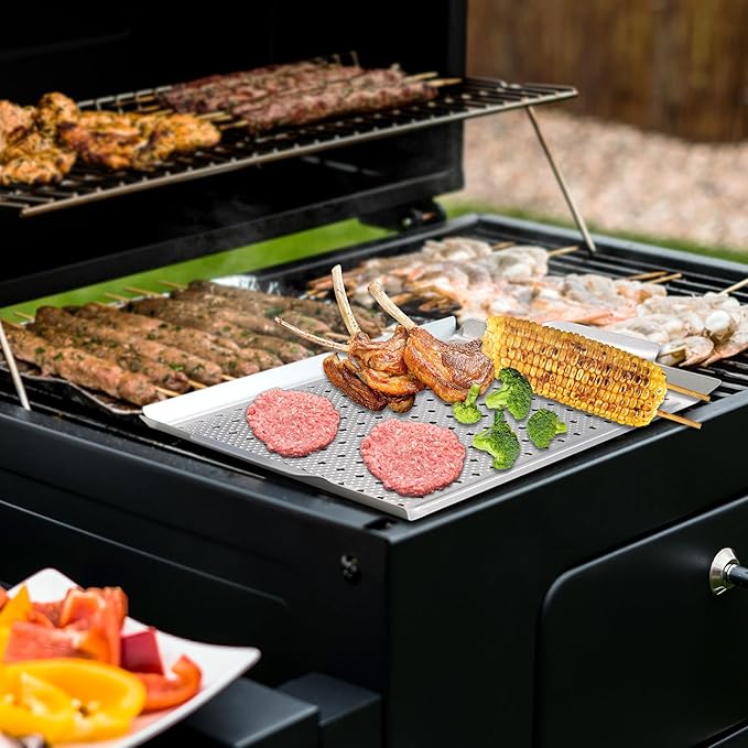 Vegetable Grill Basket, Nonstick Grill Topper for Outdoor Grilling, BBQ Grill Pan with Handles for Vegetable, Fish, Meat, Seafood (15x11IN)