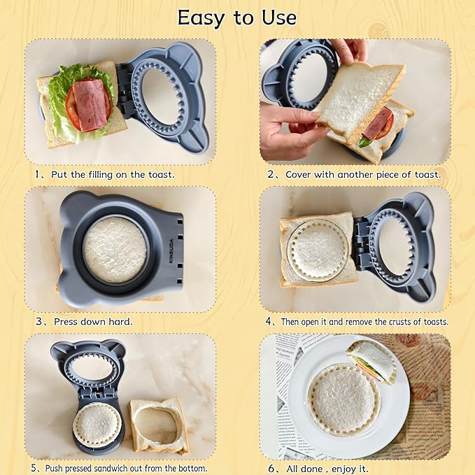Sandwich Cutter and Sealer - 3.7" Circle & Square Pocket Sandwich Maker, Intuitive & Easy-to-Use for Boys &Girls, Perfect for Breakfast & Lunchboxes (Gray, Round)