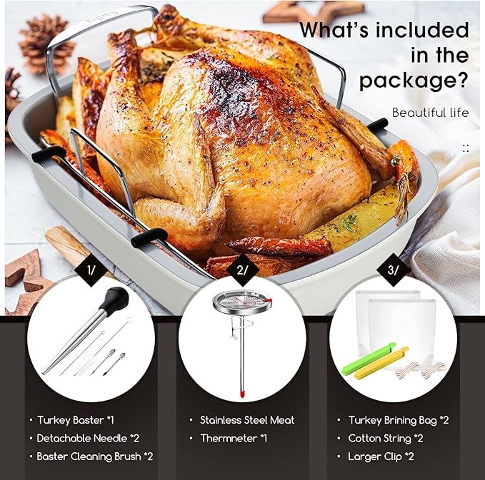 Turkey Roasting Pan, 17x13 Inch Nonstick Roaster Pan with Removable Rack, Turkey Baster, Meat Thermometer, Turkey Brine Bags, Ideal for Roasting Turkey, Meats & Vegetables (Cream&Silver)