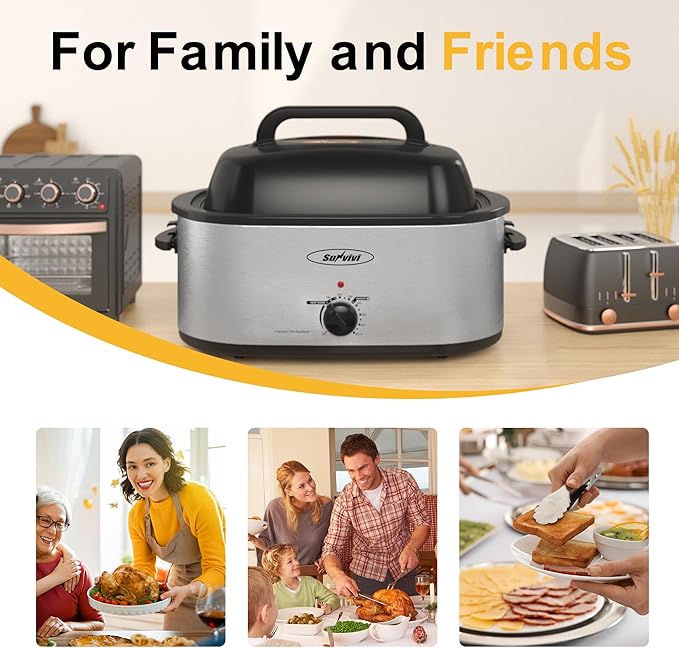 Roaster Oven, Electric Roaster Oven with Viewing Lid, Large Roaster with Removable Pan & Rack, Turkey Roaster with Unique Defrost/Warm Function, Stainless Steel, Sliver, 22QT
