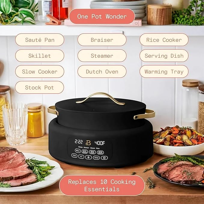 Beautiful 10-in-1 6Qt Electric Multi-Cooker by Drew Barrymore – Slow and Rice Cooker, Steamer, Dutch Oven, Sauté & More – Touch Display, Oven Safe, Dishwasher Safe (Black Sesame)