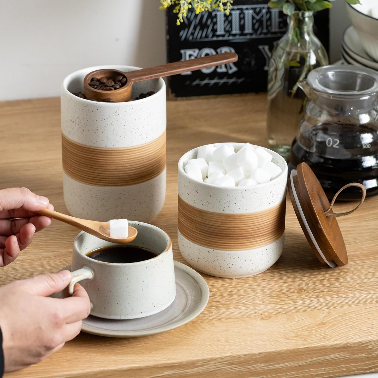 Ceramic Jar with Lid, Coffee Container Kitchen Food Storage Jars for Spice Sugar Tea Bag, Stackable Decorative Jars for Countertop, White & 18 fl.oz
