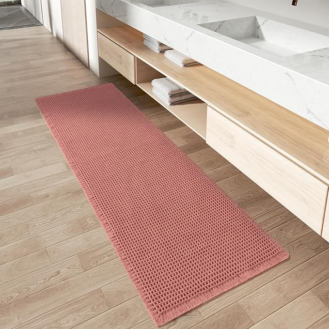 AMOAMI Upgraded Waffle Runner Rug Super Absorbent Non Slip Bath Mats for Bathroom Machine Washable Bathroom Runner Rug with Tassels, Ideal for Hallway Bedroom Laundry Room, 17" x 48", Coral