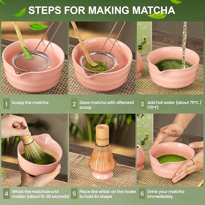 Matcha Set,5 Pcs Matcha Whisk Set Includes Bowl with Spout, Whisk,Holder,Bamboo Scoop and Sifter- Matcha Kit for Making Breakfast/Latte,Gift for Lovers（Pink）
