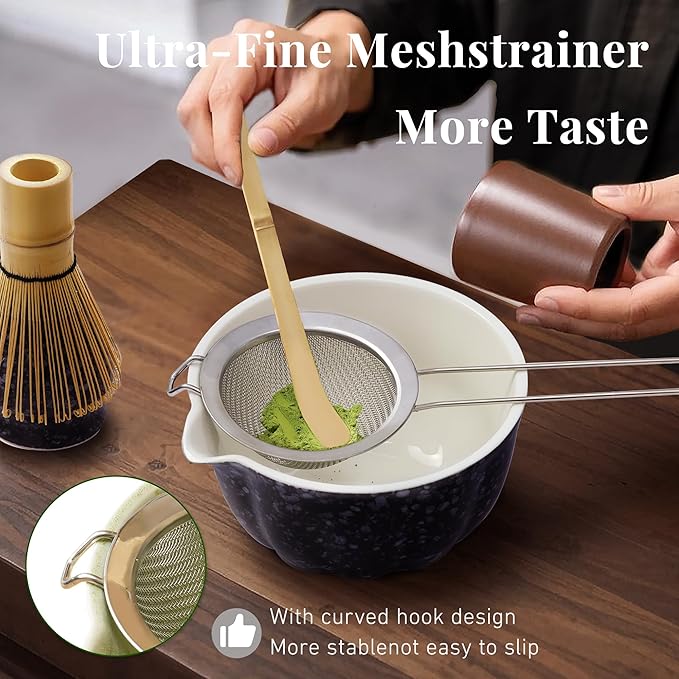 Matcha Whisk Set,7 PCS Ceramic Matcha Kit Includes Matcha Bowl with Spout, Matcha Whisk and Holder, Bamboo Scoop, Stainless Sifter, Tea Towel, Unique Gift for Matcha Lovers (Charcoal gray)