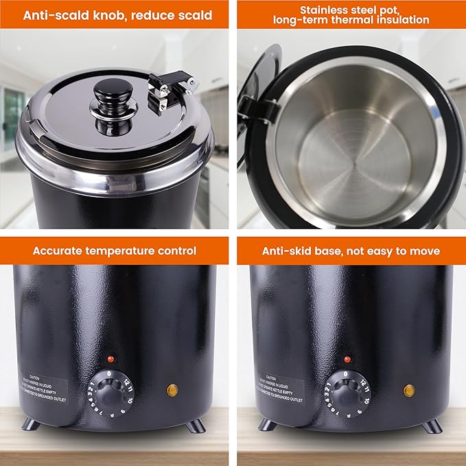 6Qt Soup Warmers Commercial Soup Kettle Warmer with Hinged Lid and Detachable Stainless Steel Pot, Food Warmer for Parties, Buffet - Black